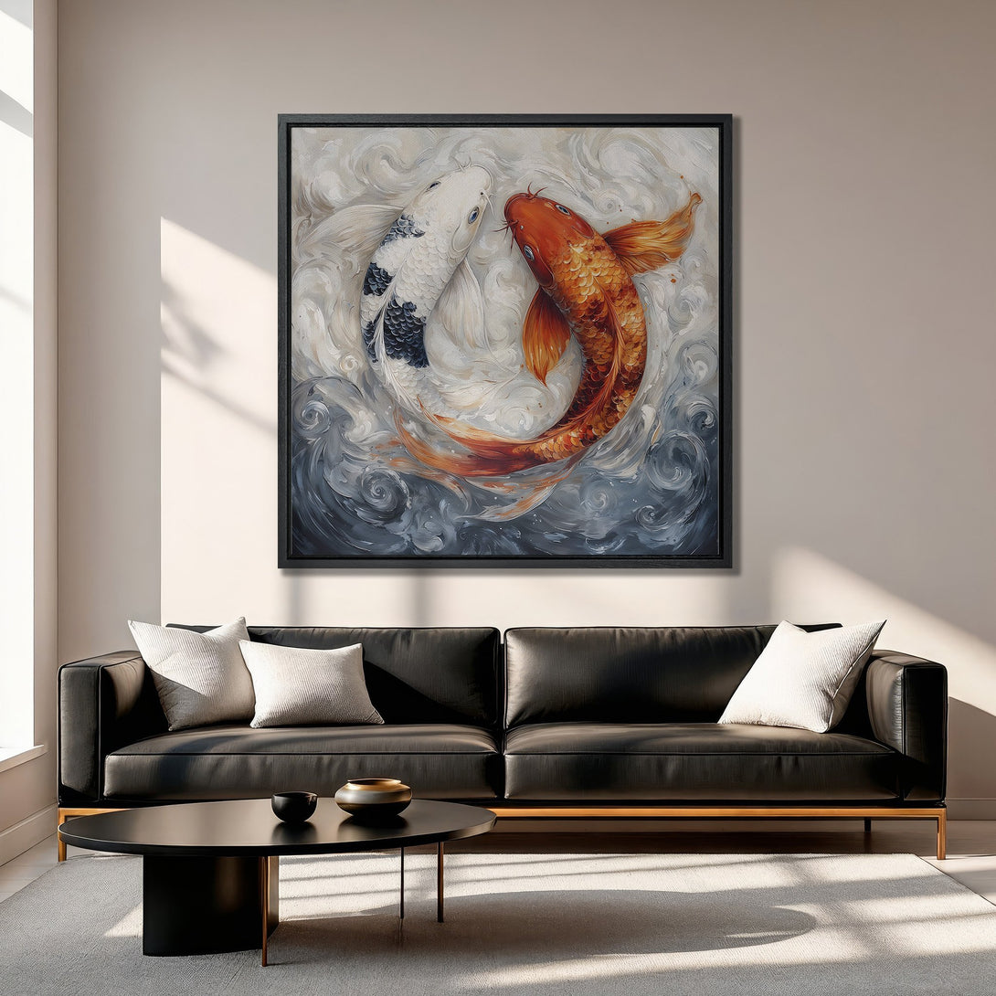 Framed Wall Art featuring koi fish in a modern style, with a warm, neutral color palette. Perfect for adding a touch of zen to your living room.