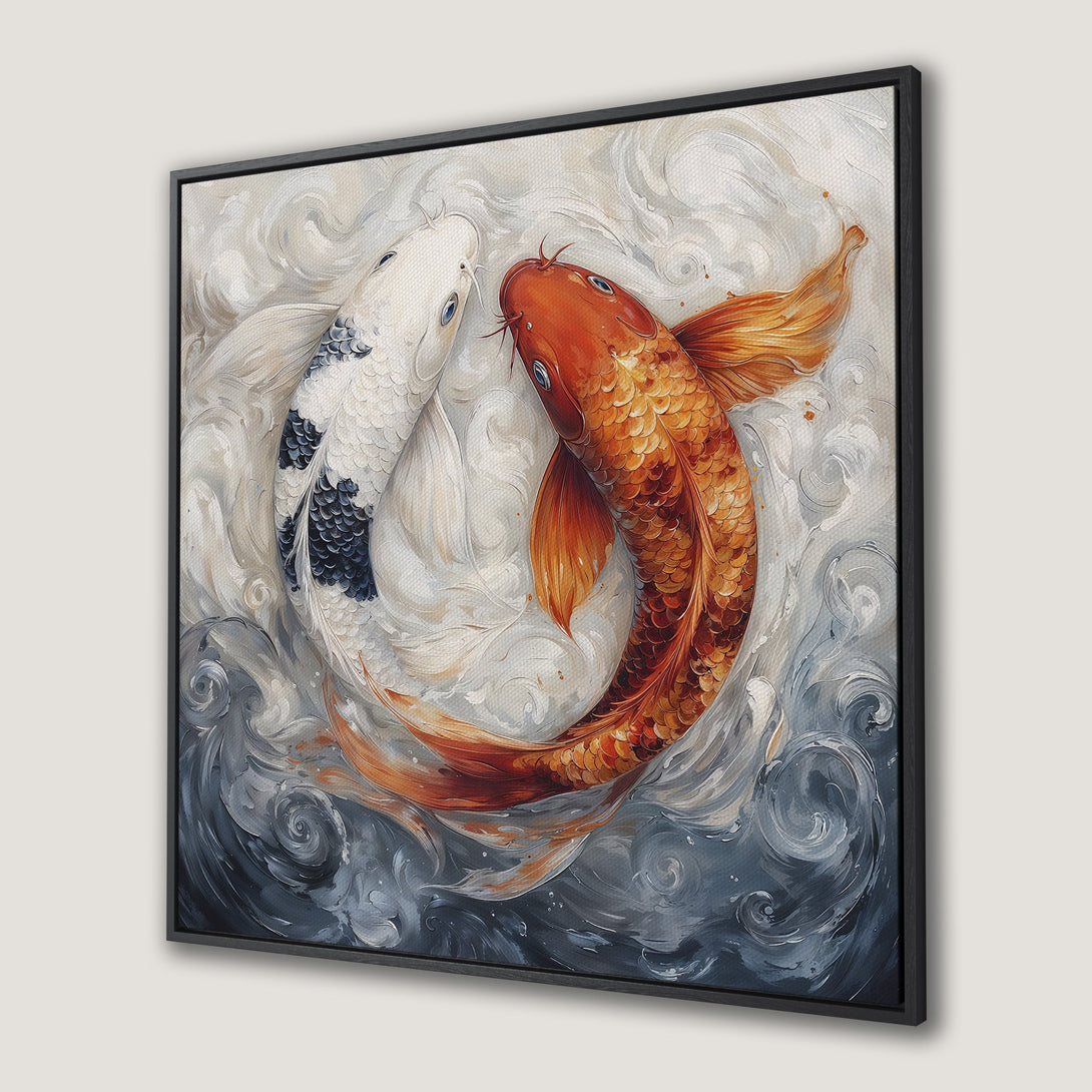 Framed Wall Art featuring koi fish in a flowing, watercolor style. Stunning orange, white, and blue color palette, perfect for adding zen to your space.