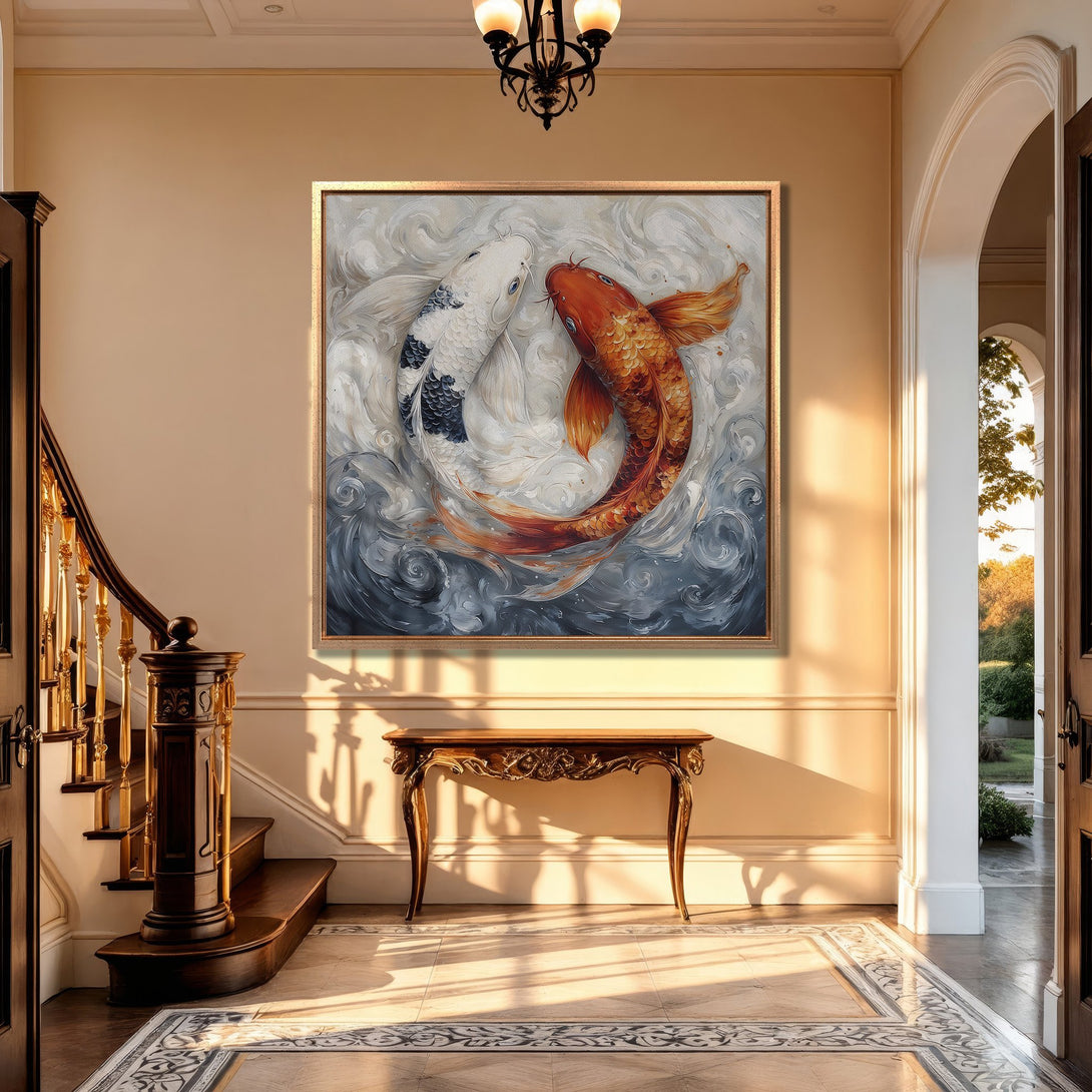 Framed Wall Art: Koi fish painting in a luxury interior. Elegant artwork with a calming blue, white, and orange color palette. Perfect for home decor.