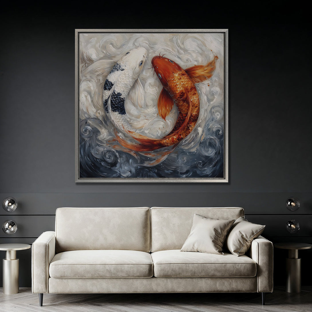 Framed Wall Art featuring koi fish in a flowing style, with a palette of white, orange, and blue. Perfect for adding a touch of elegance to any space.