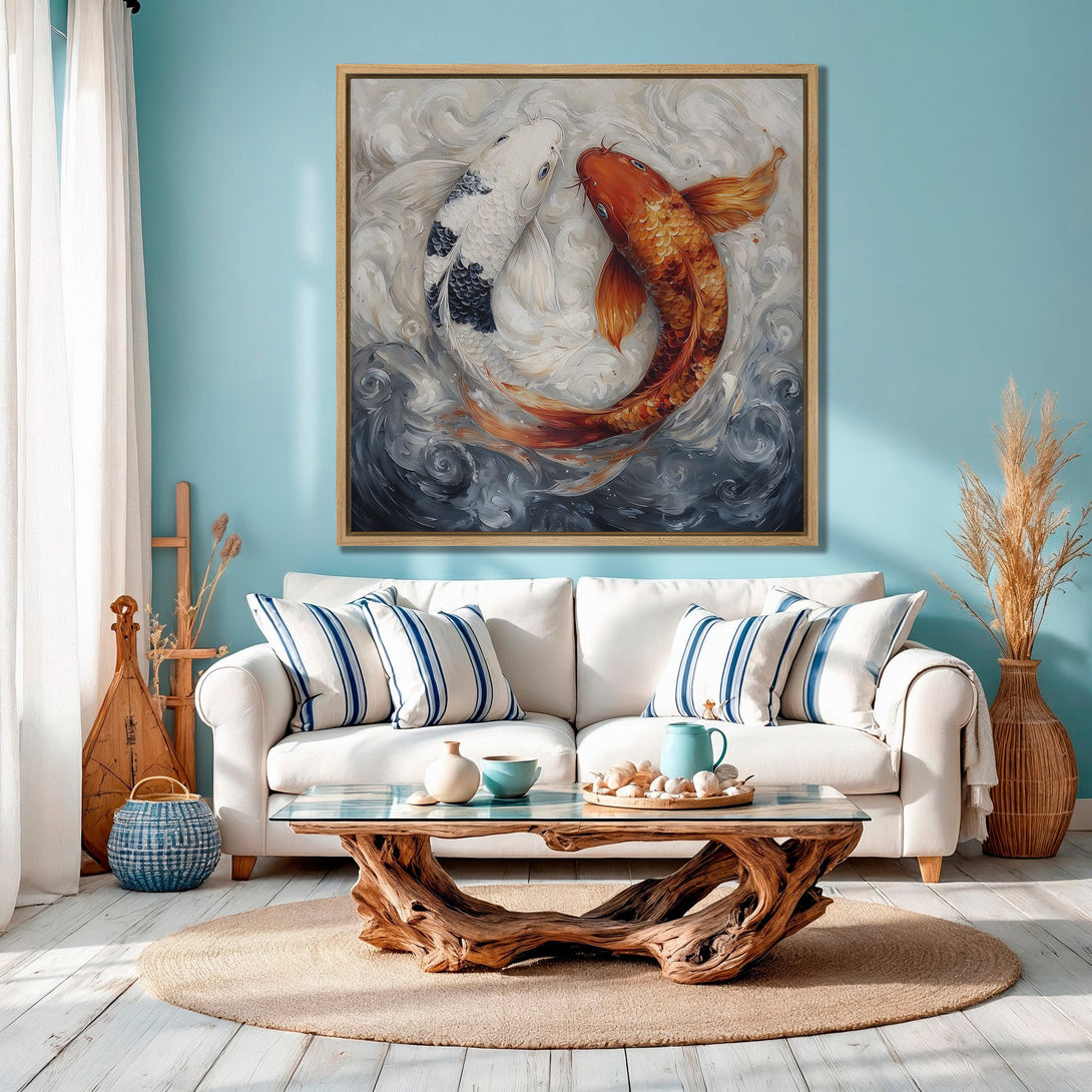 Framed Wall Art: Koi fish painting in a coastal living room. Features a calming blue, white, and orange color palette, perfect for adding zen to your space.