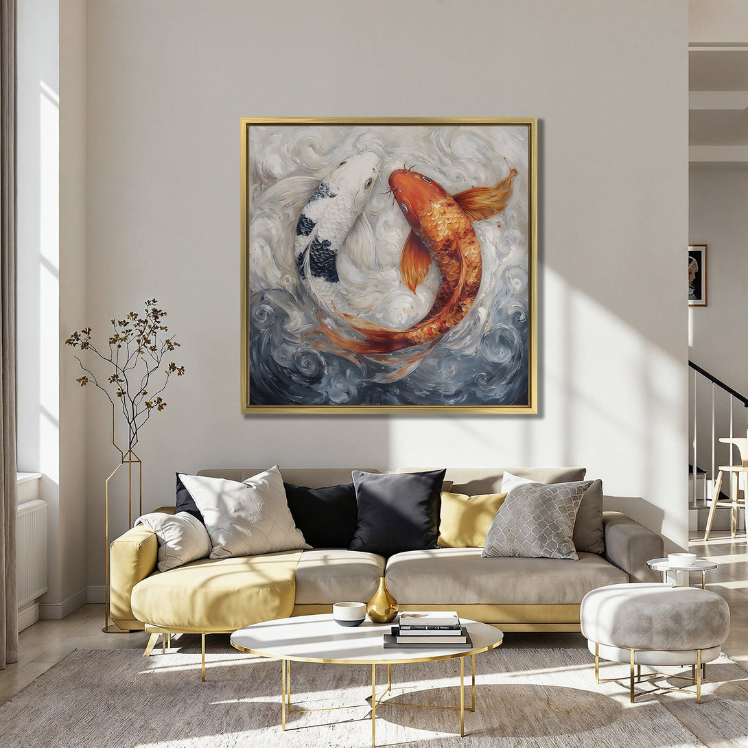 Canvas Print of Koi fish art in a modern interior. Features a vibrant orange and white color palette, perfect for living room decor.