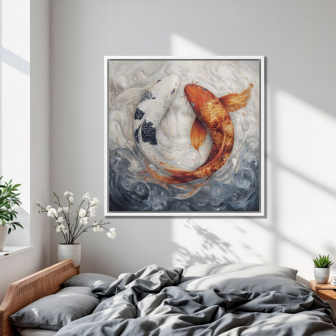 Framed Wall Art: Koi fish painting in a bedroom. Modern, abstract style with a calming blue, white, and orange color palette. Perfect for home decor.