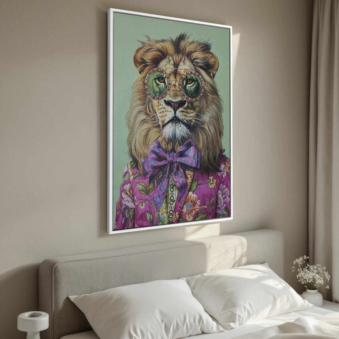 Framed Wall Art of a dapper lion in a floral suit and sunglasses. Stylish, whimsical art with a vibrant pink and green color palette. Perfect for home decor.