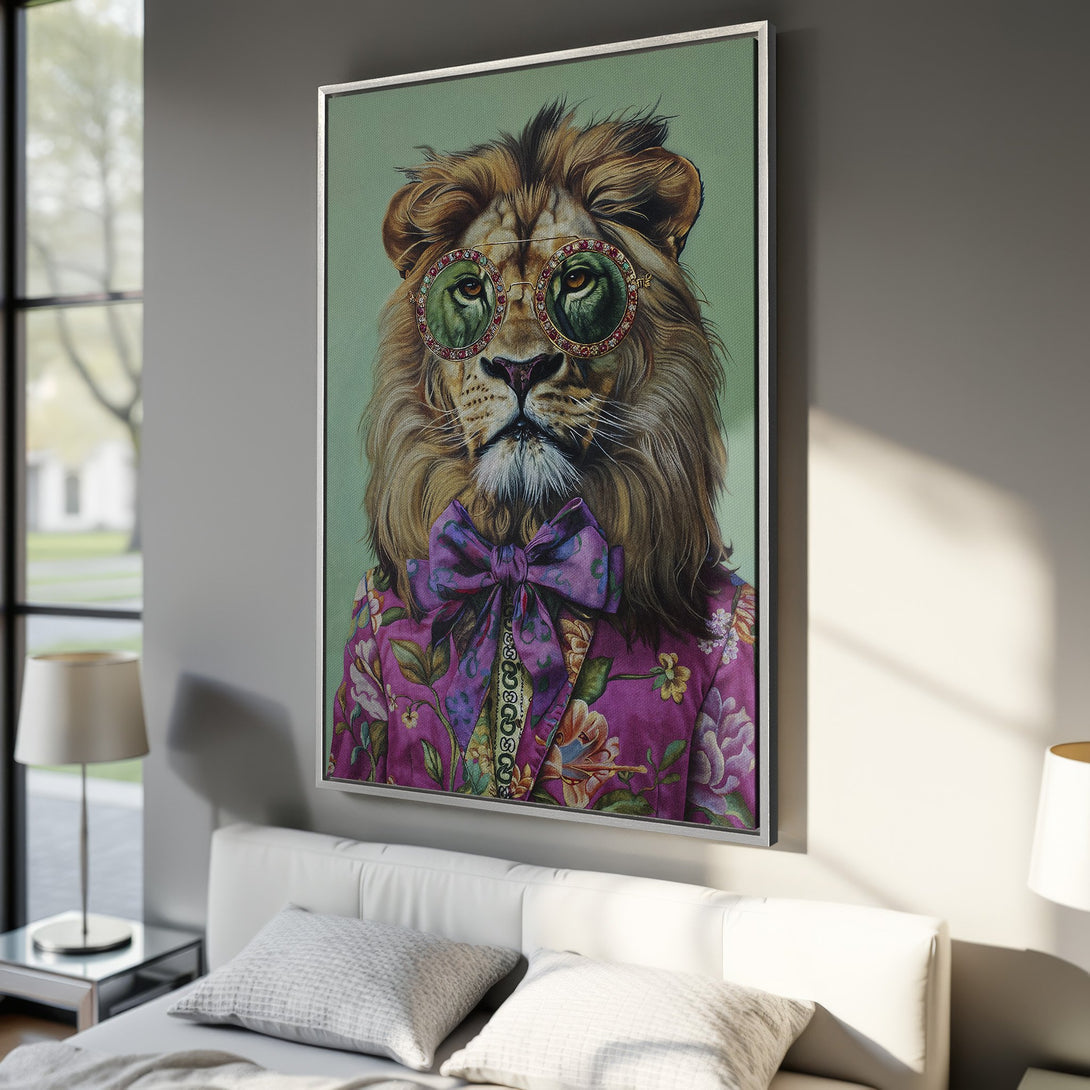Framed Wall Art: Stylish lion portrait with glasses & floral jacket. Earthy tones with pops of purple. Perfect for adding personality to your home decor.