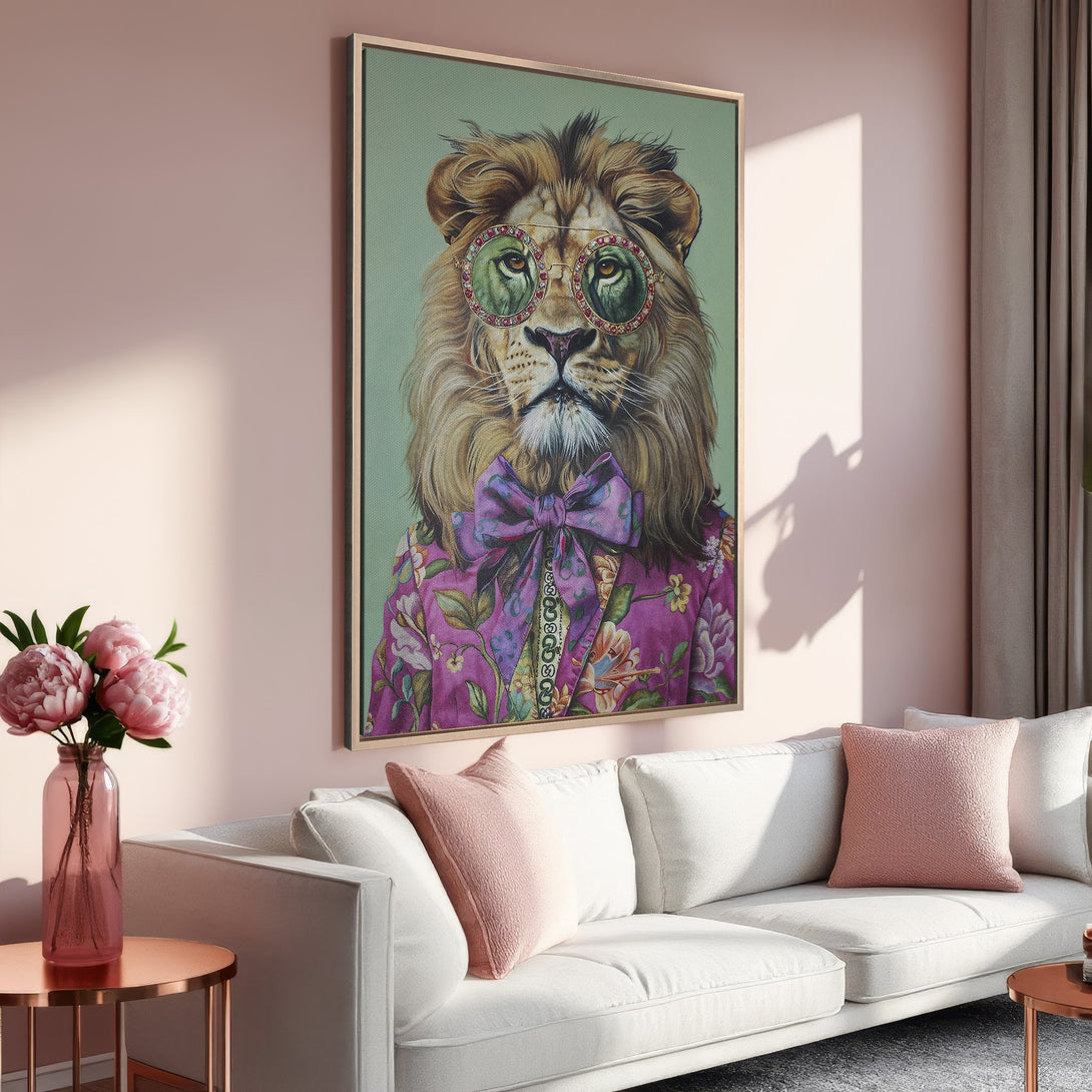 Framed Wall Art: Stylish lion portrait with sunglasses, vibrant floral jacket, and bow tie. Adds a pop of color to any room. Pink and gold color palette.