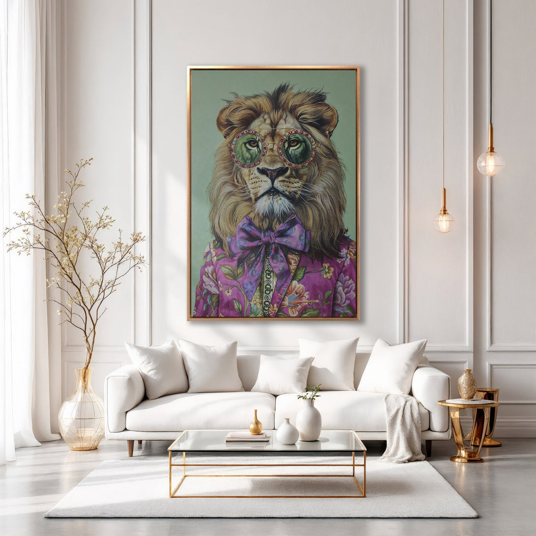 Framed Wall Art: Dapper lion portrait in a modern living room. Vibrant colors with a purple floral jacket. Elevate your decor with this stylish canvas print!