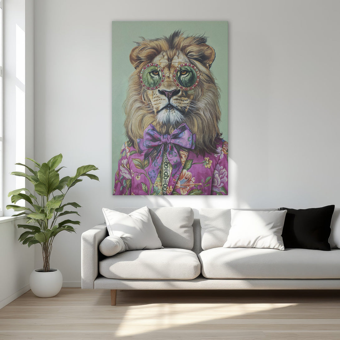 Framed Wall Art featuring a stylish lion wearing glasses and a floral jacket. Earthy tones with pops of purple. Perfect for adding personality to your space.