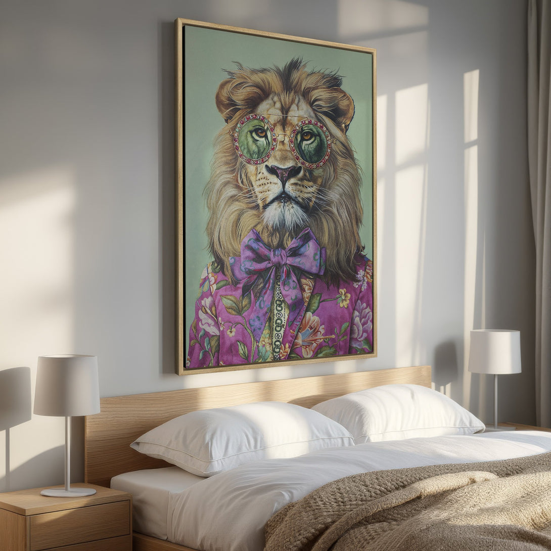 Framed Wall Art: Dapper lion portrait with sunglasses & floral jacket. Stylish, colorful artwork with pink, green, & gold tones for a unique home decor statement.