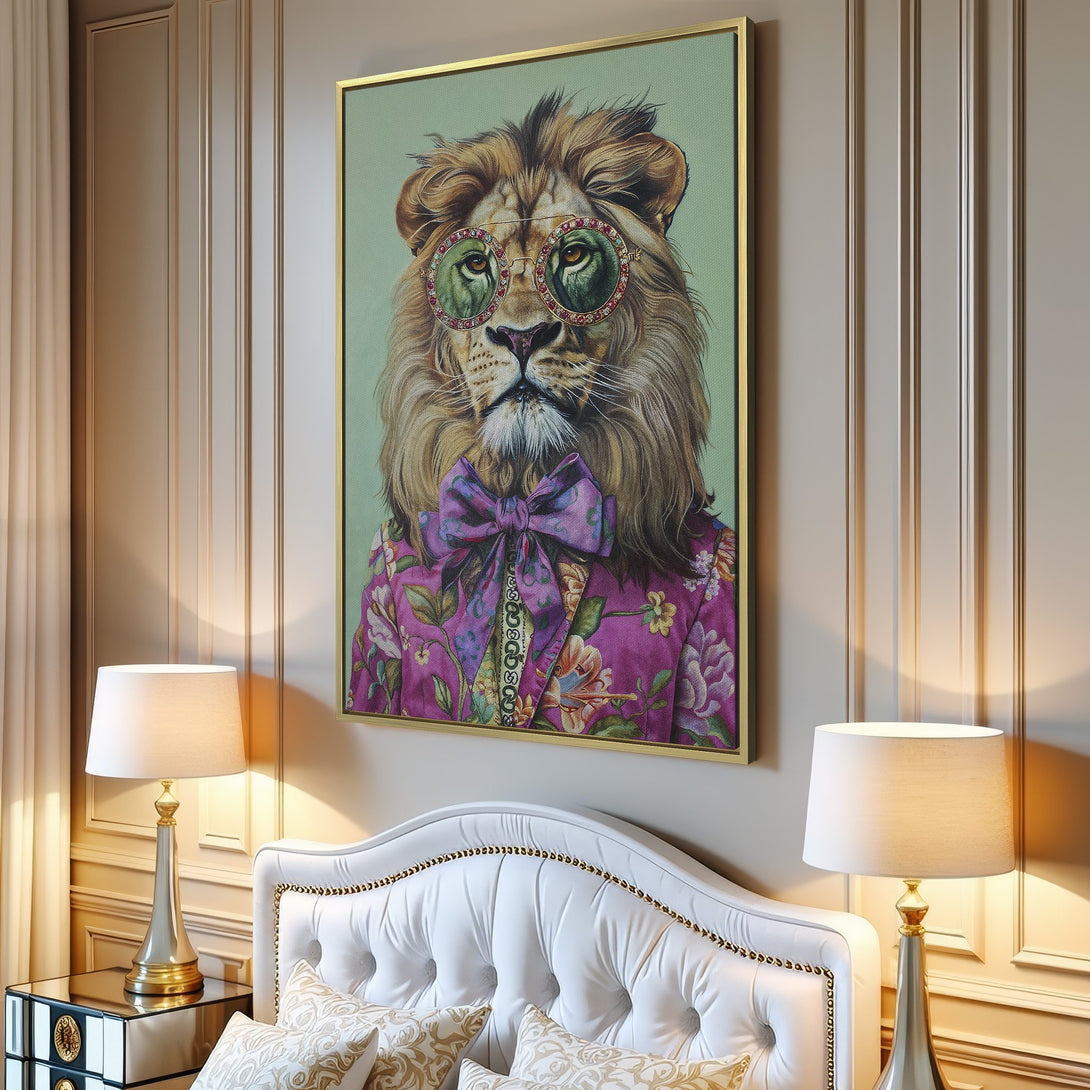 Canvas Print of a dapper lion in a floral jacket. Whimsical art with a purple and green color palette. Perfect wall decor for a unique style.