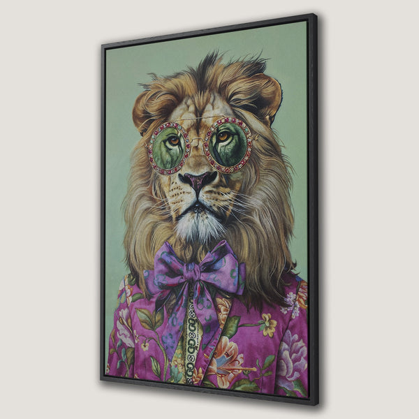 Framed Wall Art: Stylish lion portrait wearing glasses and floral blazer. Vibrant pink, green, and gold color palette. Unique wall decor for any space.