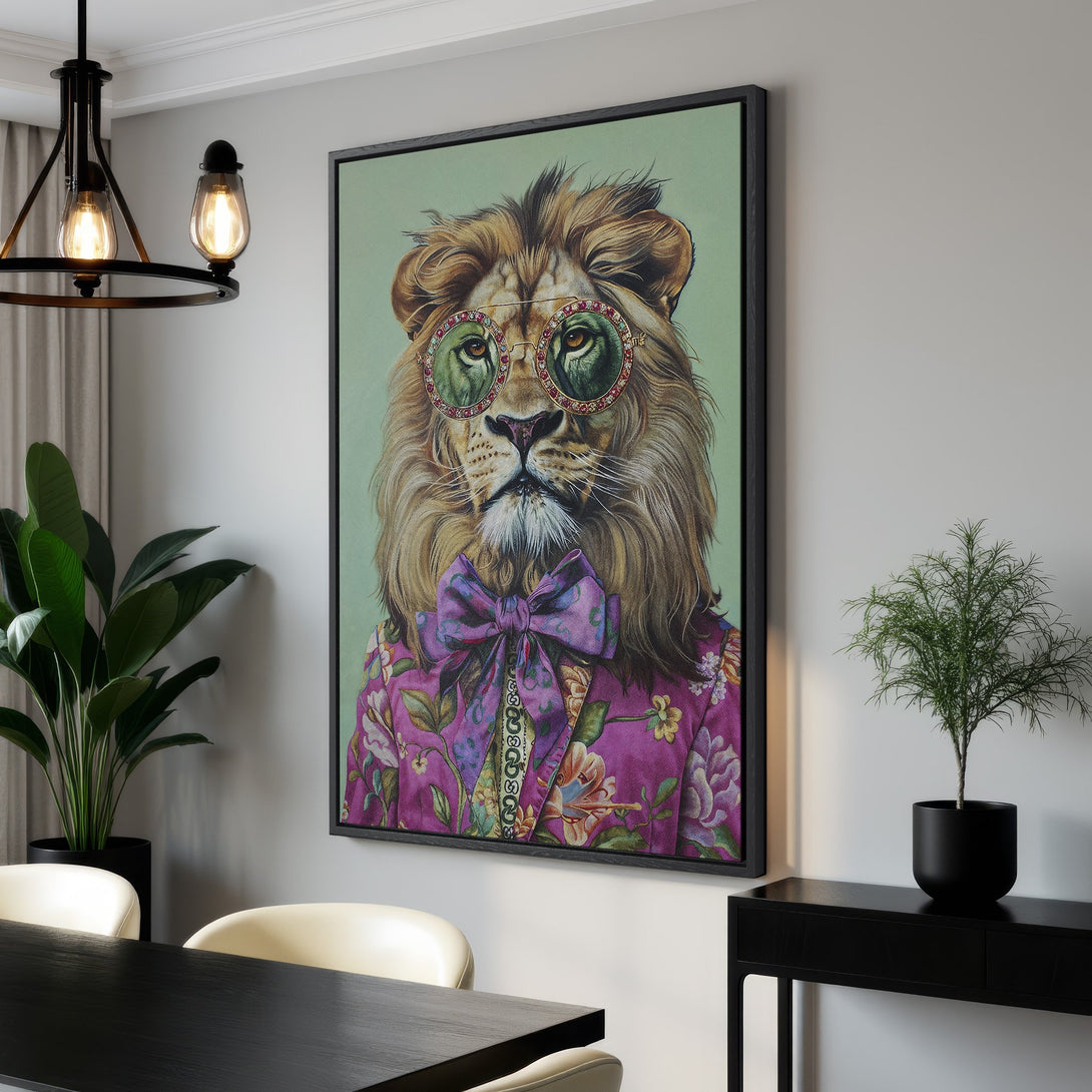 Framed Wall Art: Stylish lion portrait in a vibrant pink & green color palette. Add a touch of whimsy to your home decor with this unique canvas print!