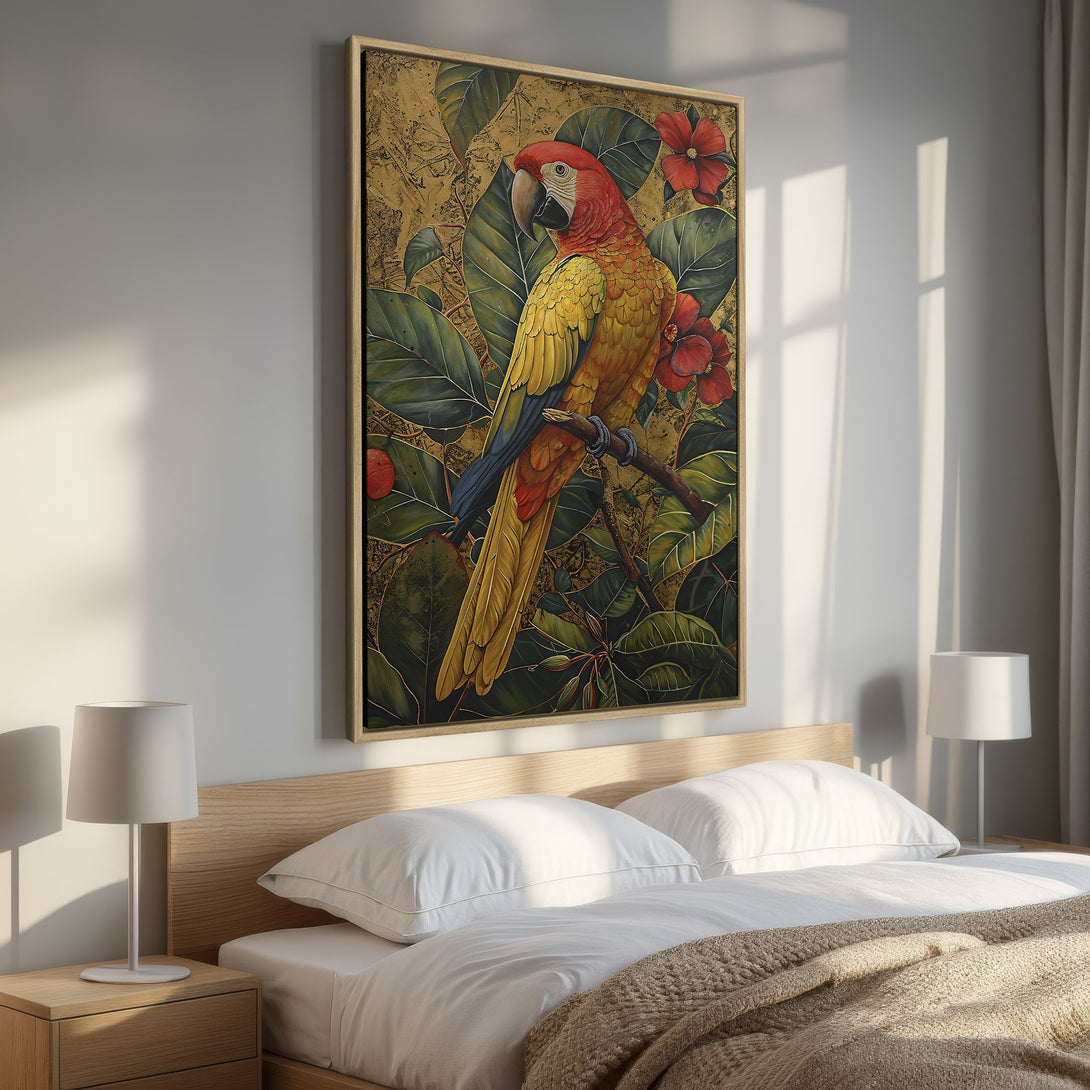 Framed Wall Art: Exotic parrot painting with a gold, red, and green color palette. Tropical style canvas print adds a vibrant touch to any bedroom decor.