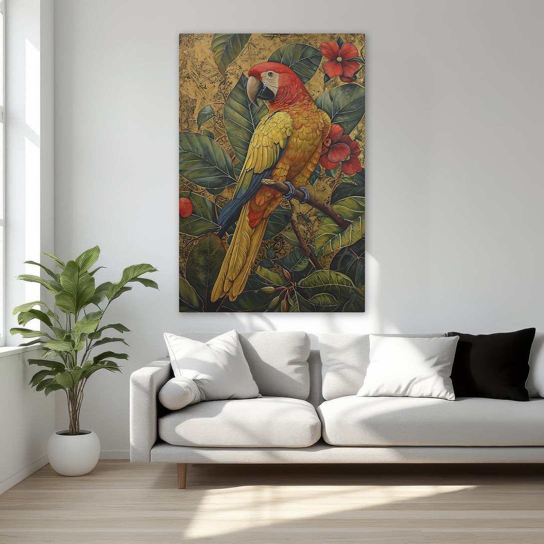 Framed Wall Art: Vibrant parrot painting in a lush, tropical style with red, gold, and green hues. Perfect for adding a touch of exotic elegance.