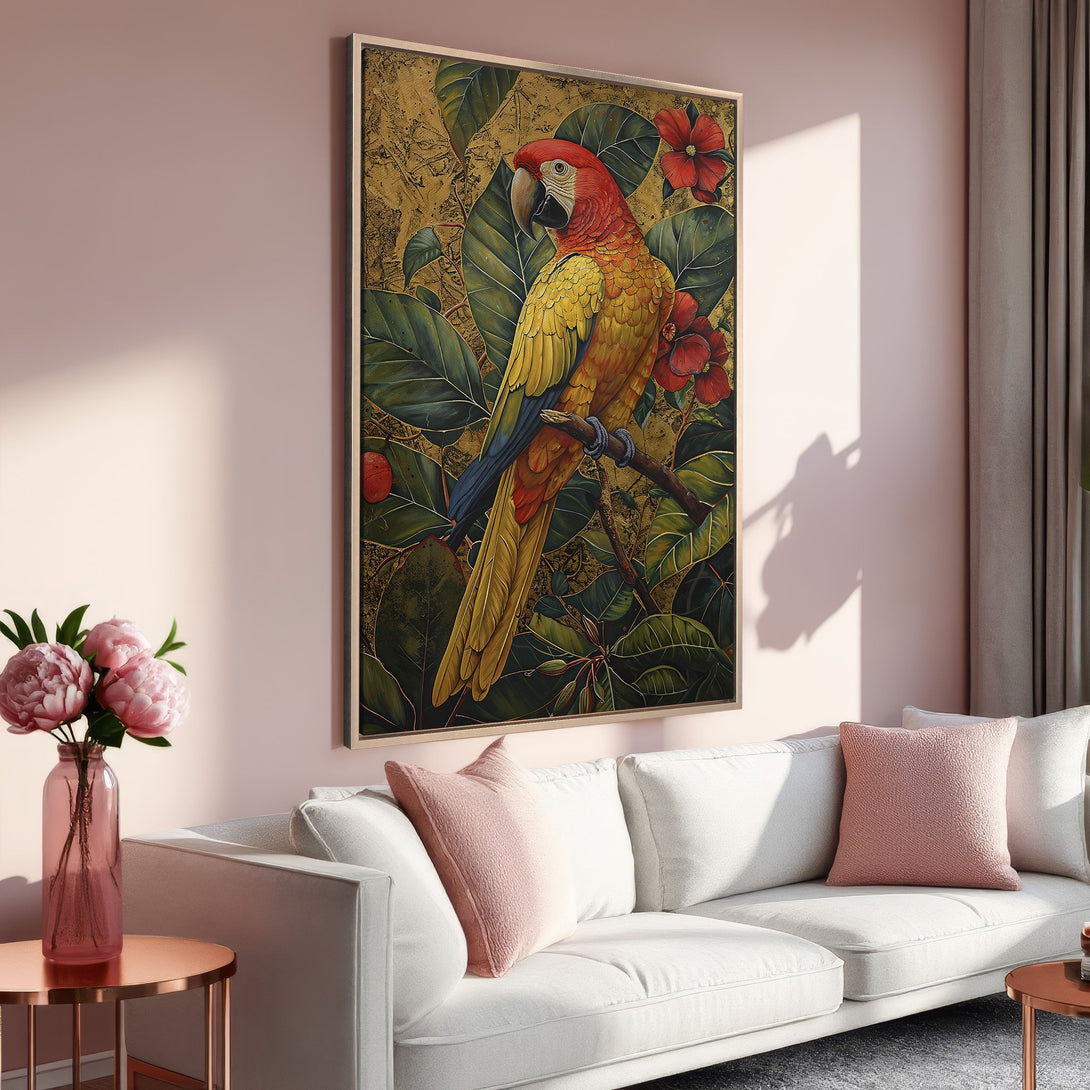 Framed Wall Art featuring a vibrant parrot in a botanical style. Rich gold, red, and green palette adds a touch of elegance to any living room.