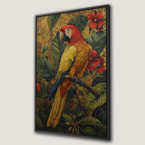 Framed Wall Art: Vibrant parrot painting with red, yellow, and green hues. Exotic botanical artwork adds a touch of tropical elegance to any space.