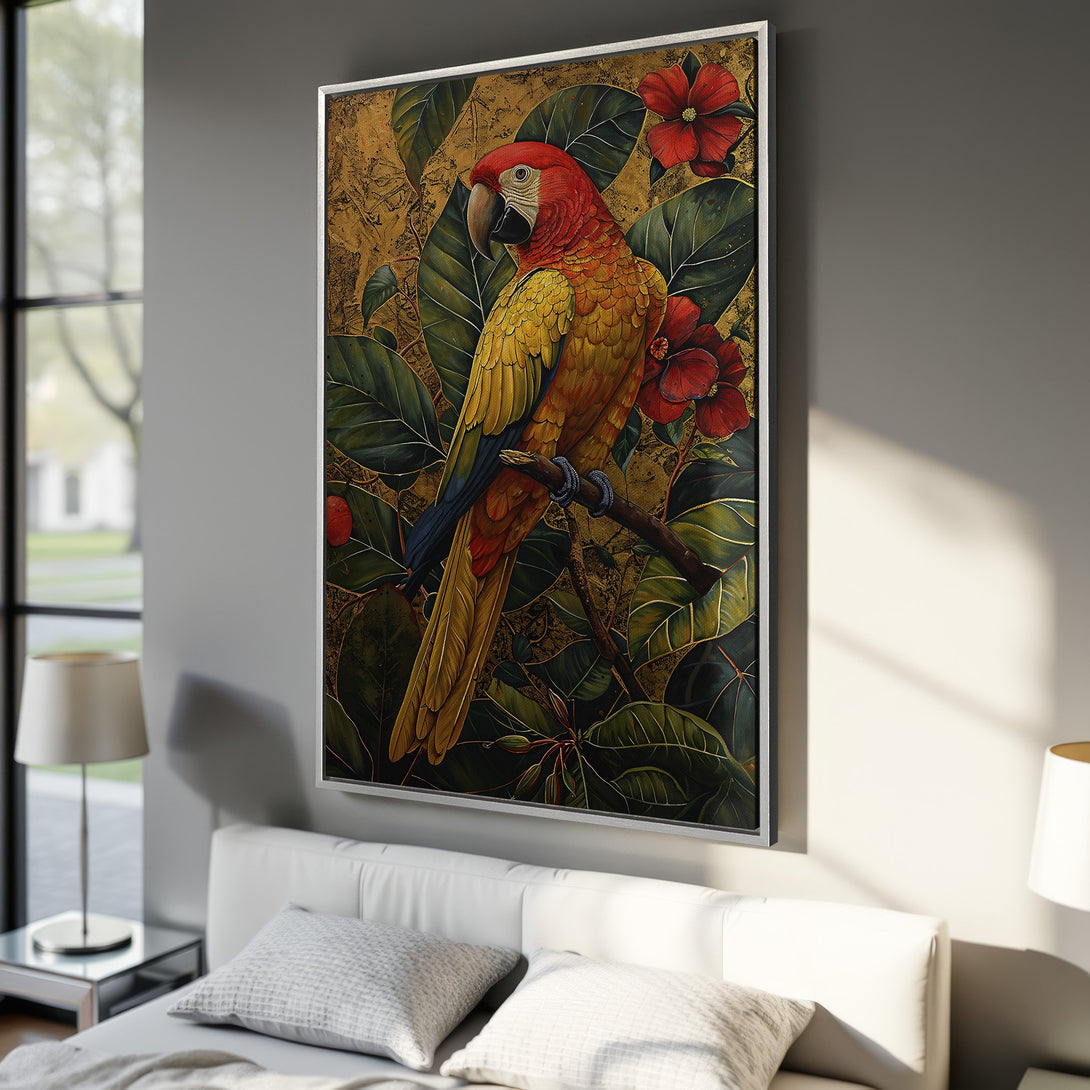 Framed Wall Art featuring a vibrant parrot illustration in a botanical style, with a rich color palette of red, gold, and green. Perfect for adding a touch of nature to your space!