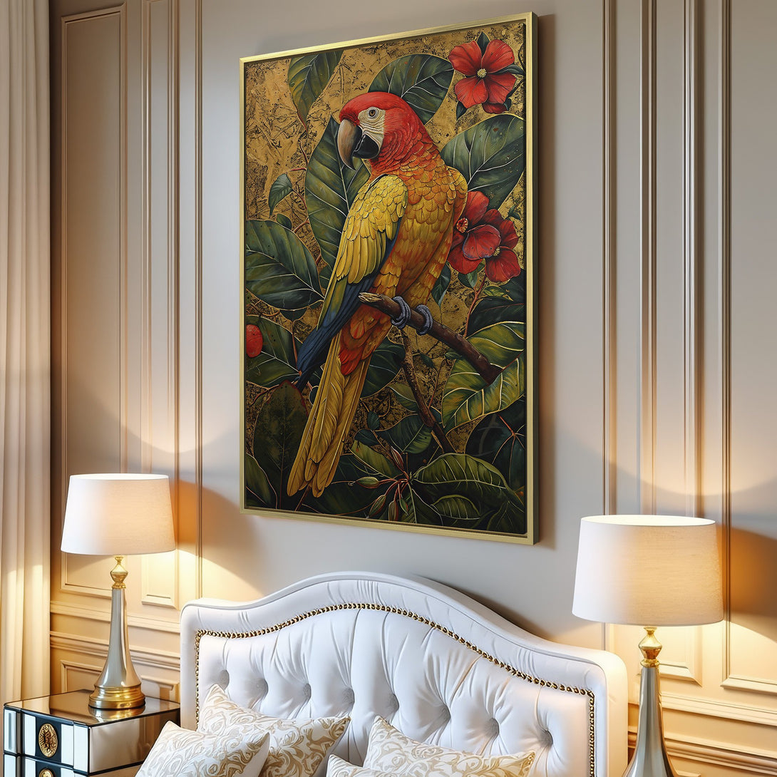 Canvas Print featuring a vibrant parrot in a botanical style, with a warm gold, green, and red color palette. Perfect wall art!
