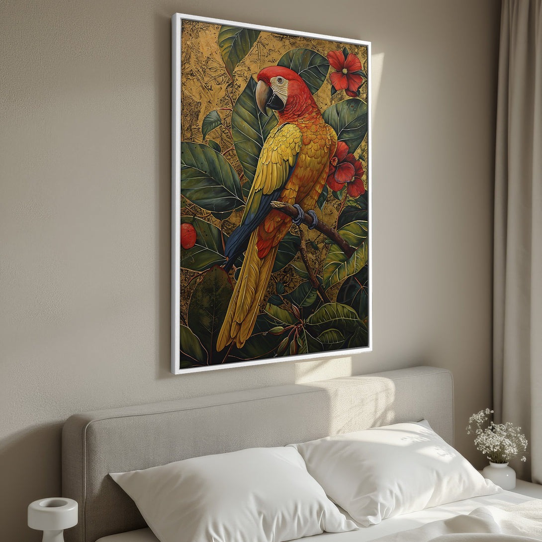 Framed Wall Art featuring a vibrant parrot illustration in a gold, red, and green tropical style, perfect for adding a pop of color to your home.