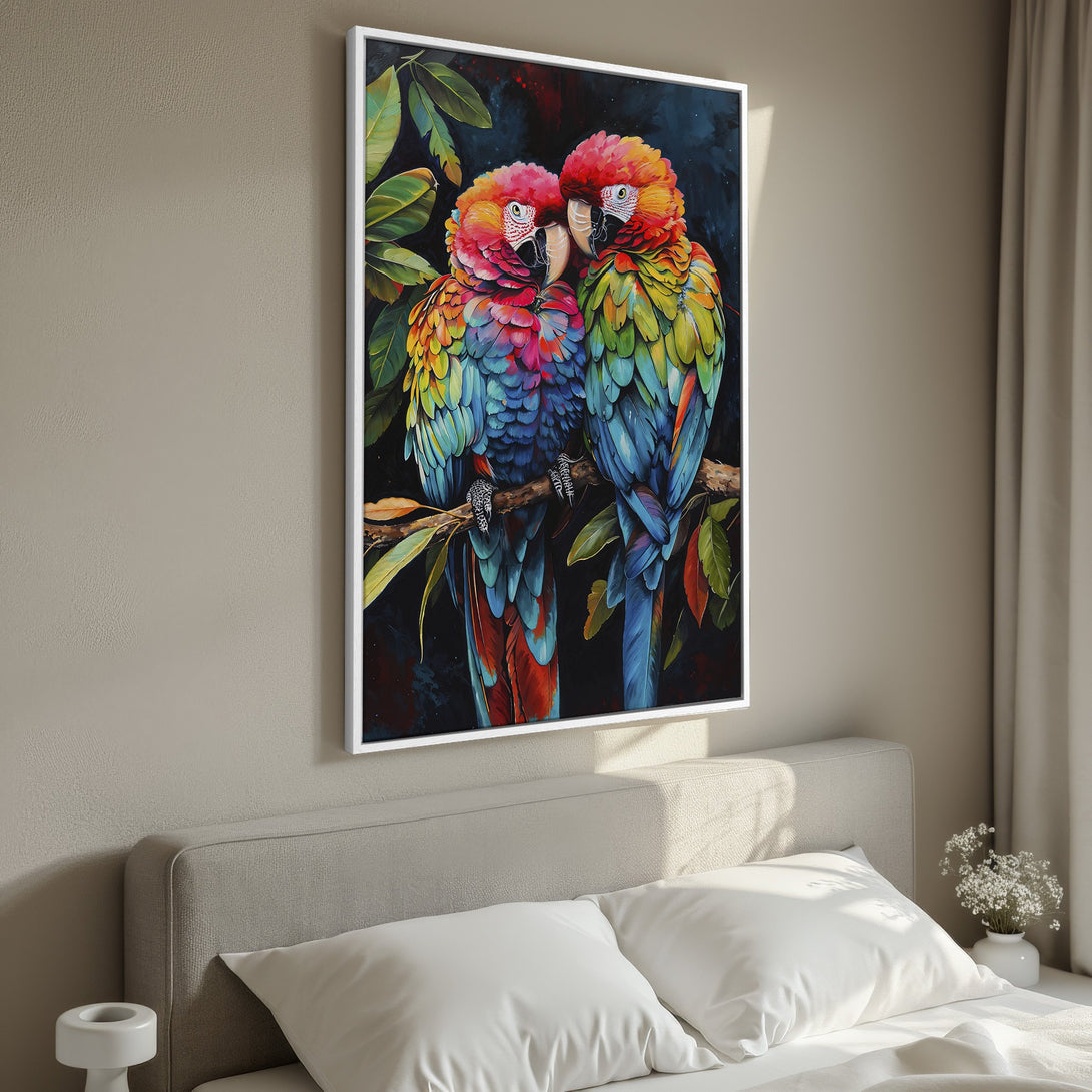 Framed Wall Art featuring vibrant parrots in a colorful, painterly style. Perfect for adding a pop of color to your bedroom decor.