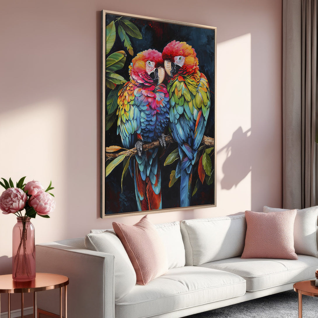 Framed Wall Art: Vibrant parrot canvas print in a modern style, featuring a colorful palette of blues, reds, and greens, perfect for home decor.