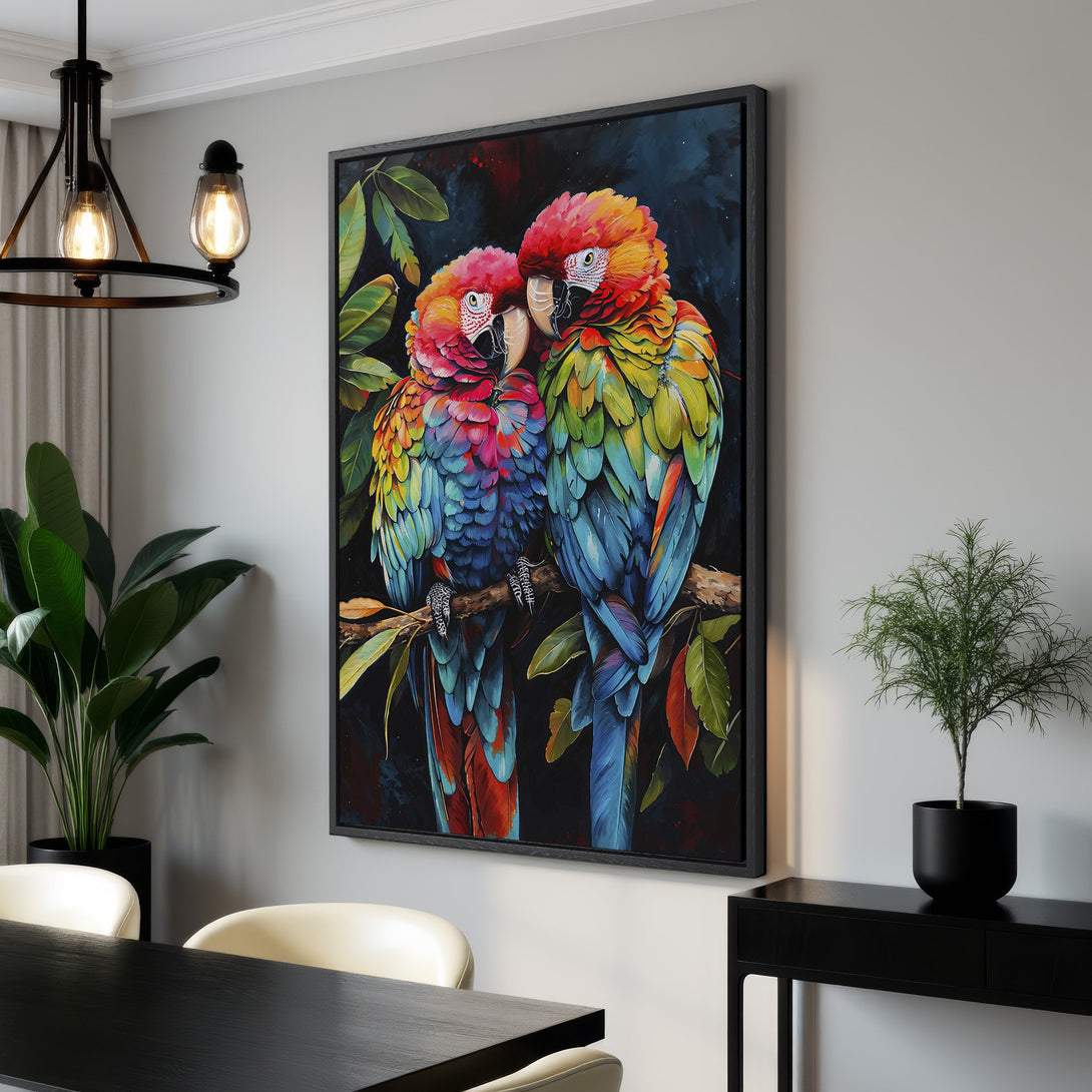Framed Wall Art featuring vibrant parrots. Colorful, modern artwork with a bold palette of reds, blues, and greens. Perfect for adding a pop of color to your space!