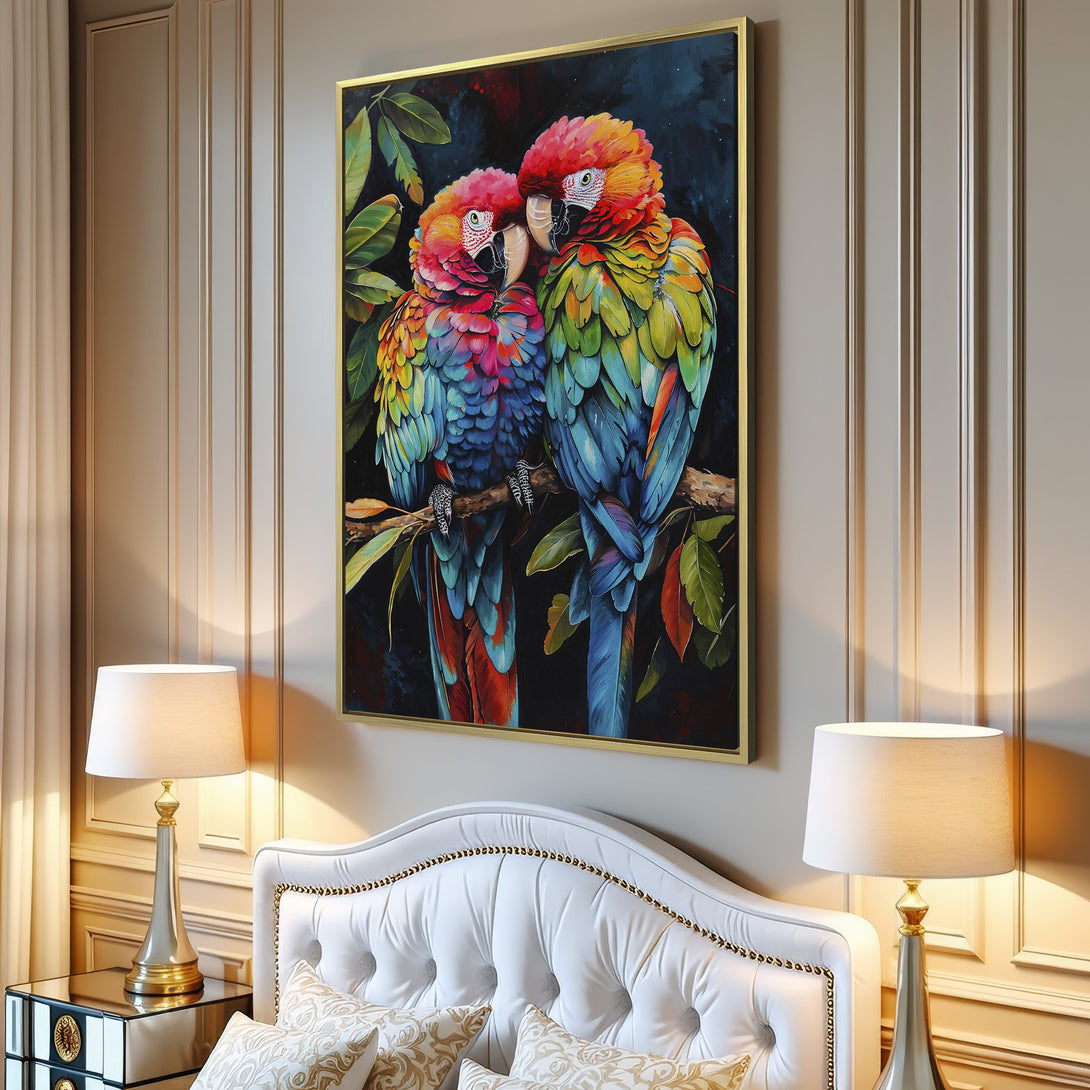Canvas Print featuring vibrant parrots on a branch. Colorful artwork with a watercolor style, perfect for adding a pop of color to your home decor.