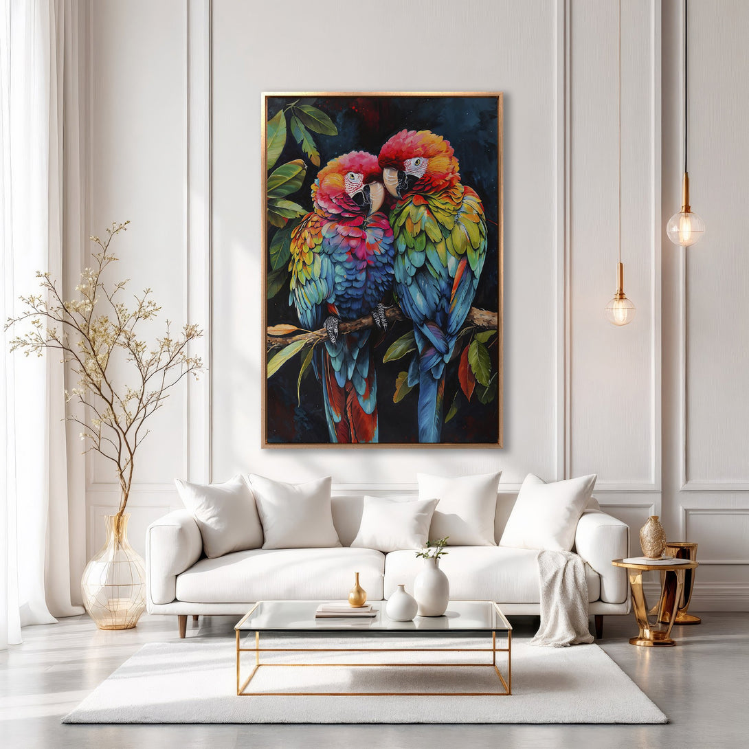 Framed Wall Art: Colorful parrots painting in a modern interior. Vibrant blues, reds, and greens pop against a dark background, adding a touch of art to your home.