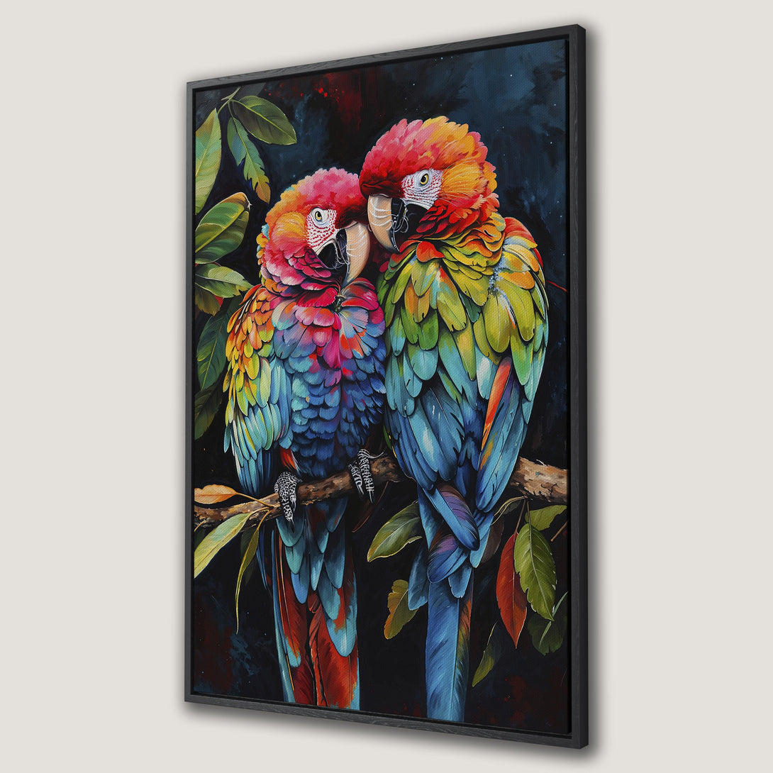 Framed Wall Art featuring vibrant parrots in a colorful, painterly style. Perfect for adding a pop of color to your home decor.