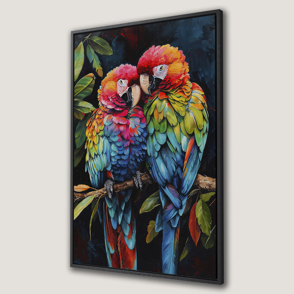 Framed Wall Art featuring vibrant parrots in a colorful, painterly style. Perfect for adding a pop of color to your home decor.