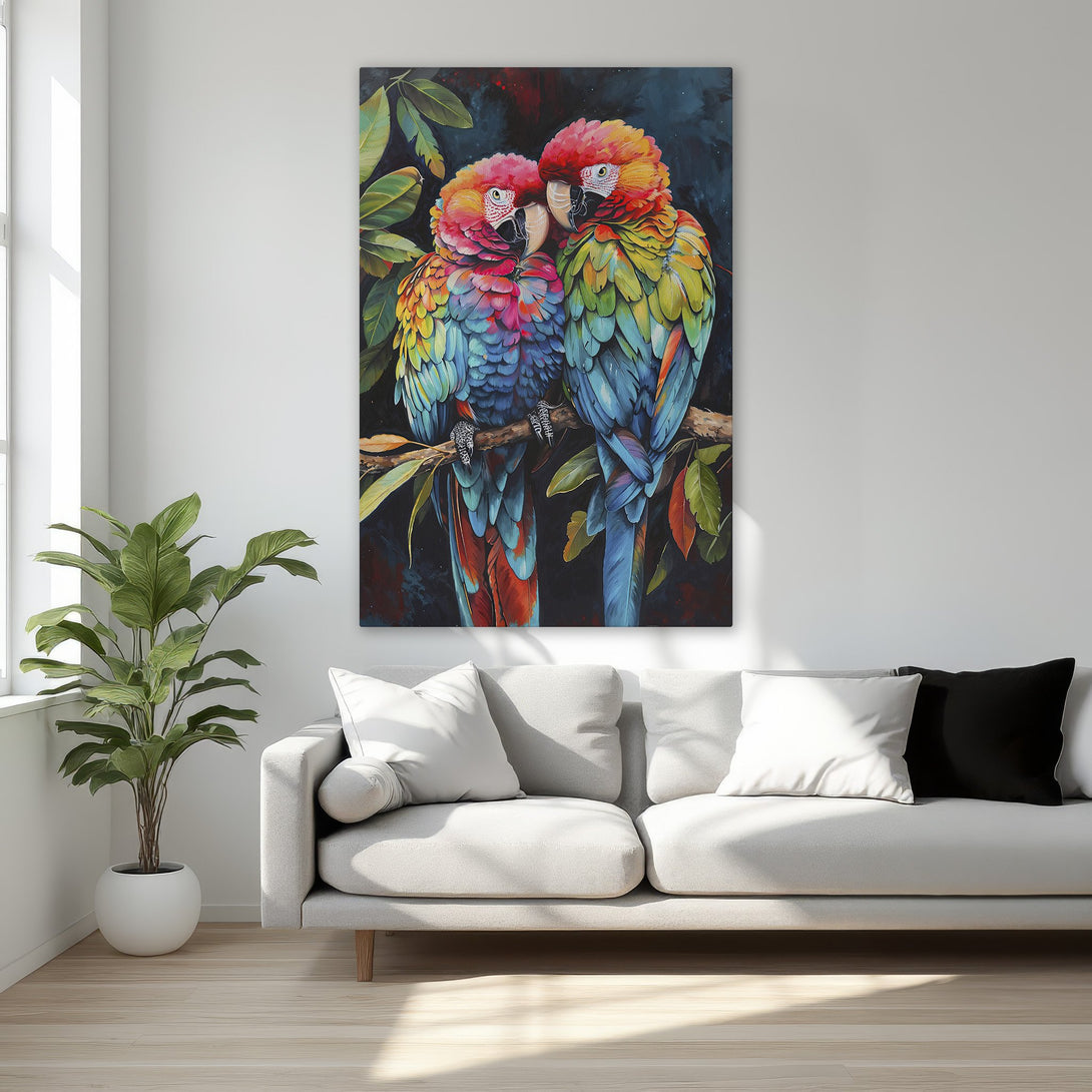 Framed Wall Art: Colorful parrot painting with vibrant blues, reds, and greens. Perfect for adding a touch of nature and art to your bedroom decor.