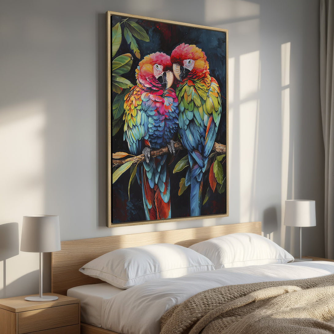 Framed Wall Art: Vibrant parrot painting in a bedroom. Colorful birds on a branch with a lush, dark background. Add artistic flair to your space!