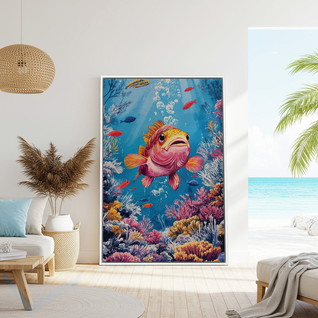 Framed Wall Art: Whimsical underwater scene with a colorful fish. Coastal decor in blue, pink, and coral hues. Perfect for a beach house vibe.