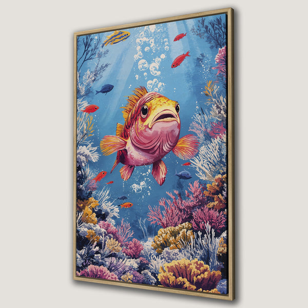 Framed Wall Art Canvas Print of a whimsical underwater scene with a colorful fish, corals, and blue water. Perfect for coastal decor.