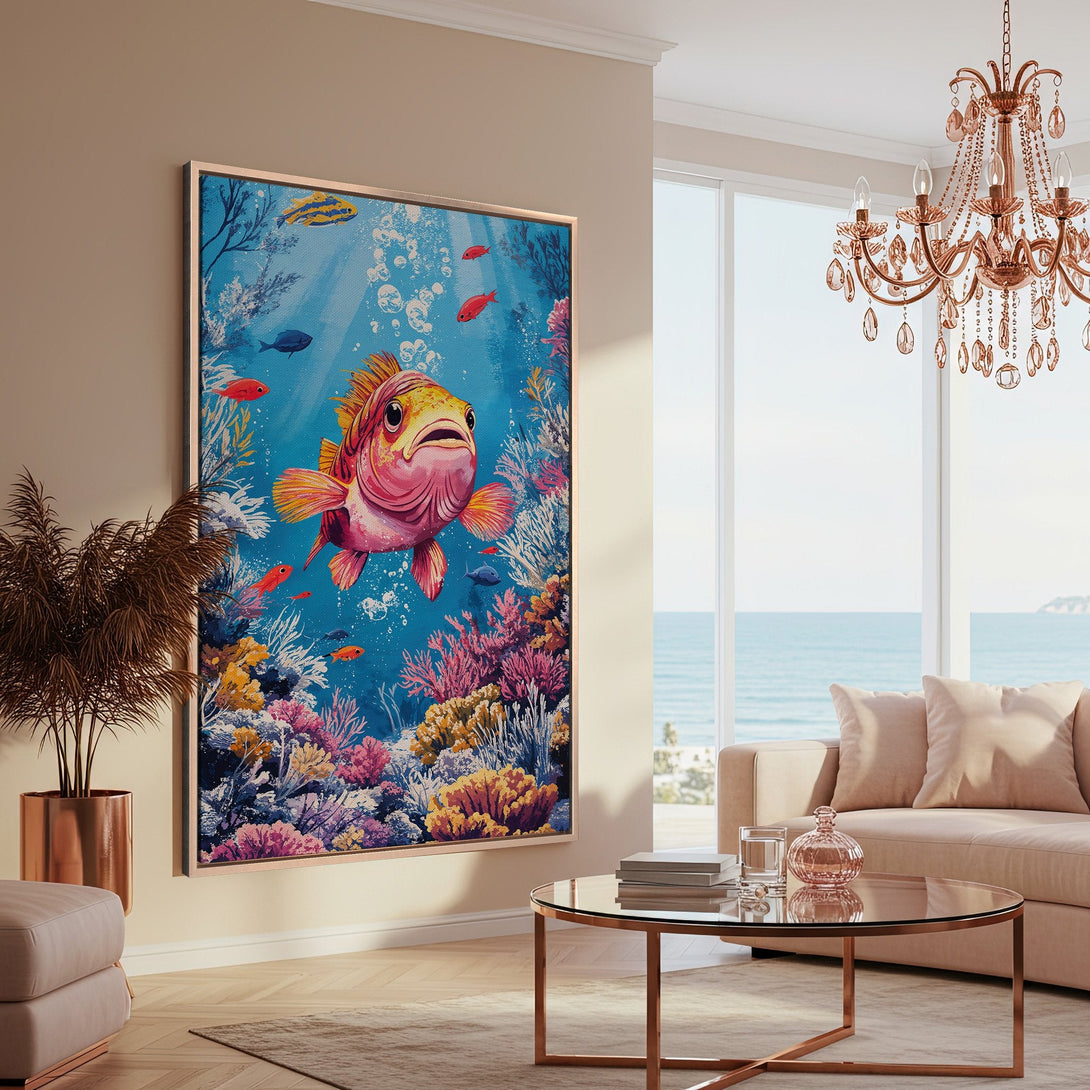 Framed Wall Art: Vibrant underwater scene Canvas Print with a colorful fish, corals, and blue background. Perfect for adding a pop of color to your home decor.