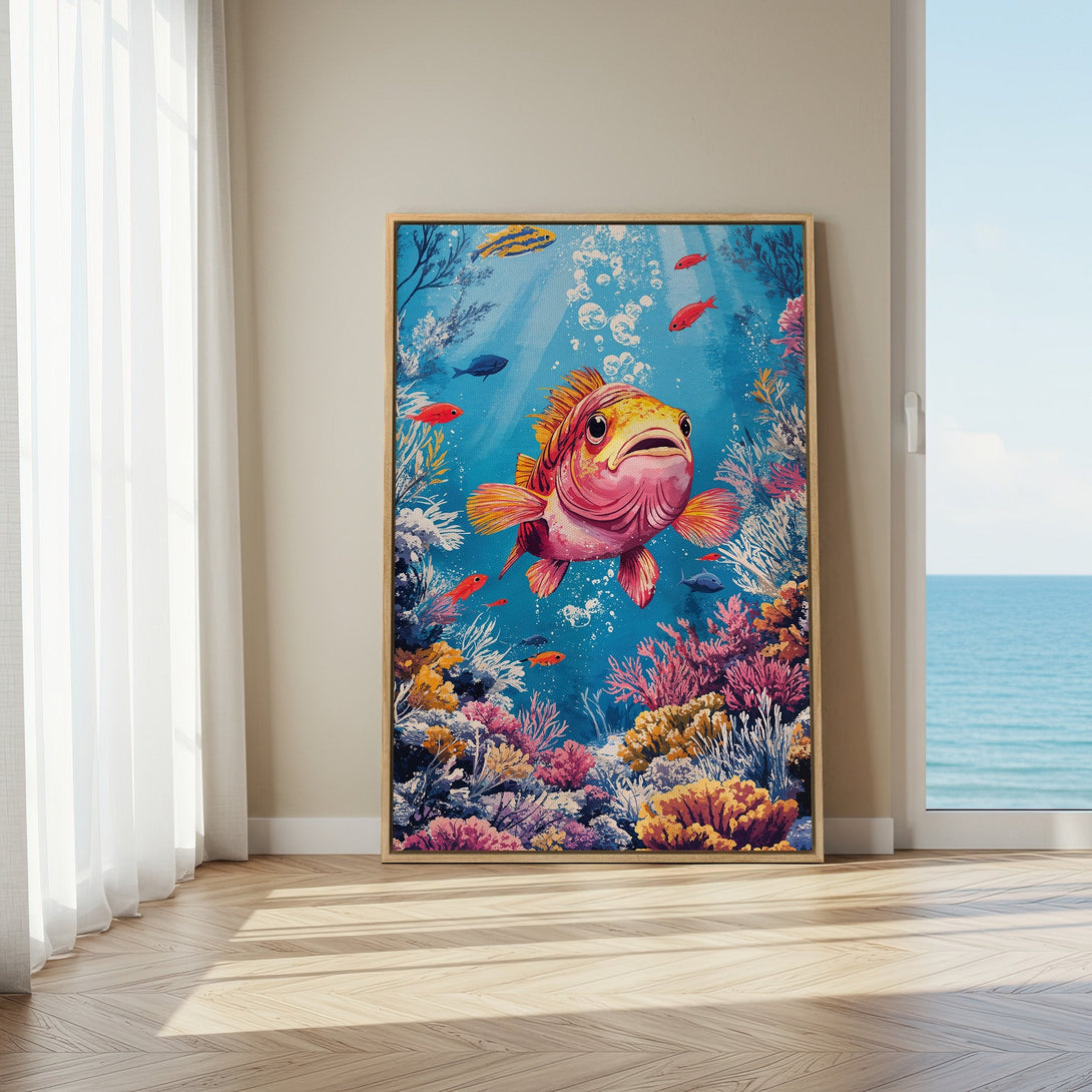 Framed Wall Art: Whimsical underwater scene with a vibrant fish. Colorful coral reef art in a blue, pink, and yellow palette. Perfect for coastal decor.