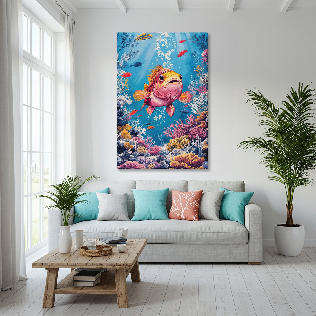 Framed Wall Art featuring a vibrant watercolor-style fish in an underwater scene. Coastal decor with a blue, pink, and coral color palette.