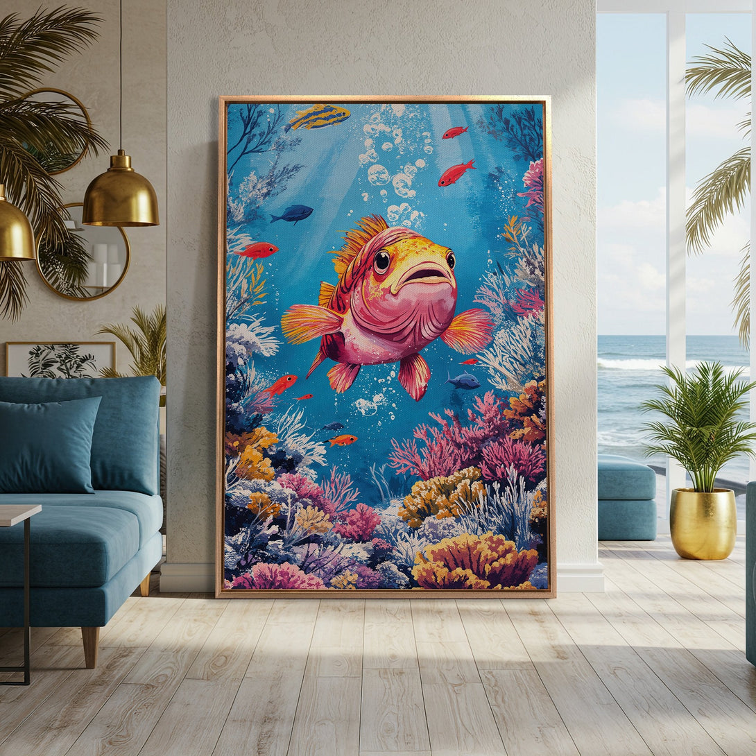 Framed Wall Art: Whimsical underwater scene featuring a colorful fish and coral reef, displayed in a bright interior. Vibrant blue, pink, and yellow palette.
