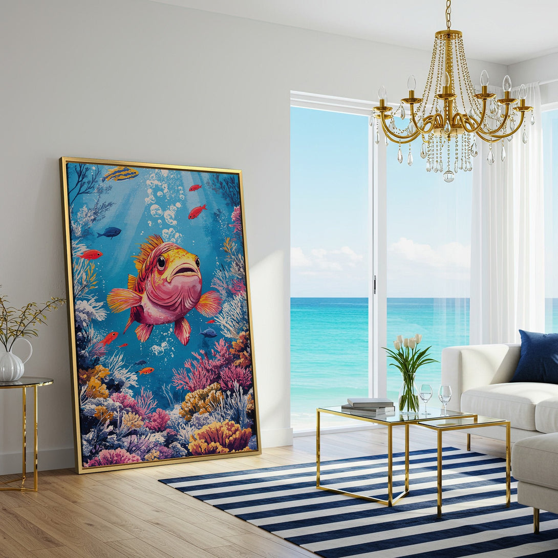 Canvas Print of a vibrant underwater scene with a colorful fish. Blue, pink, and yellow palette. Perfect wall art for a coastal vibe.