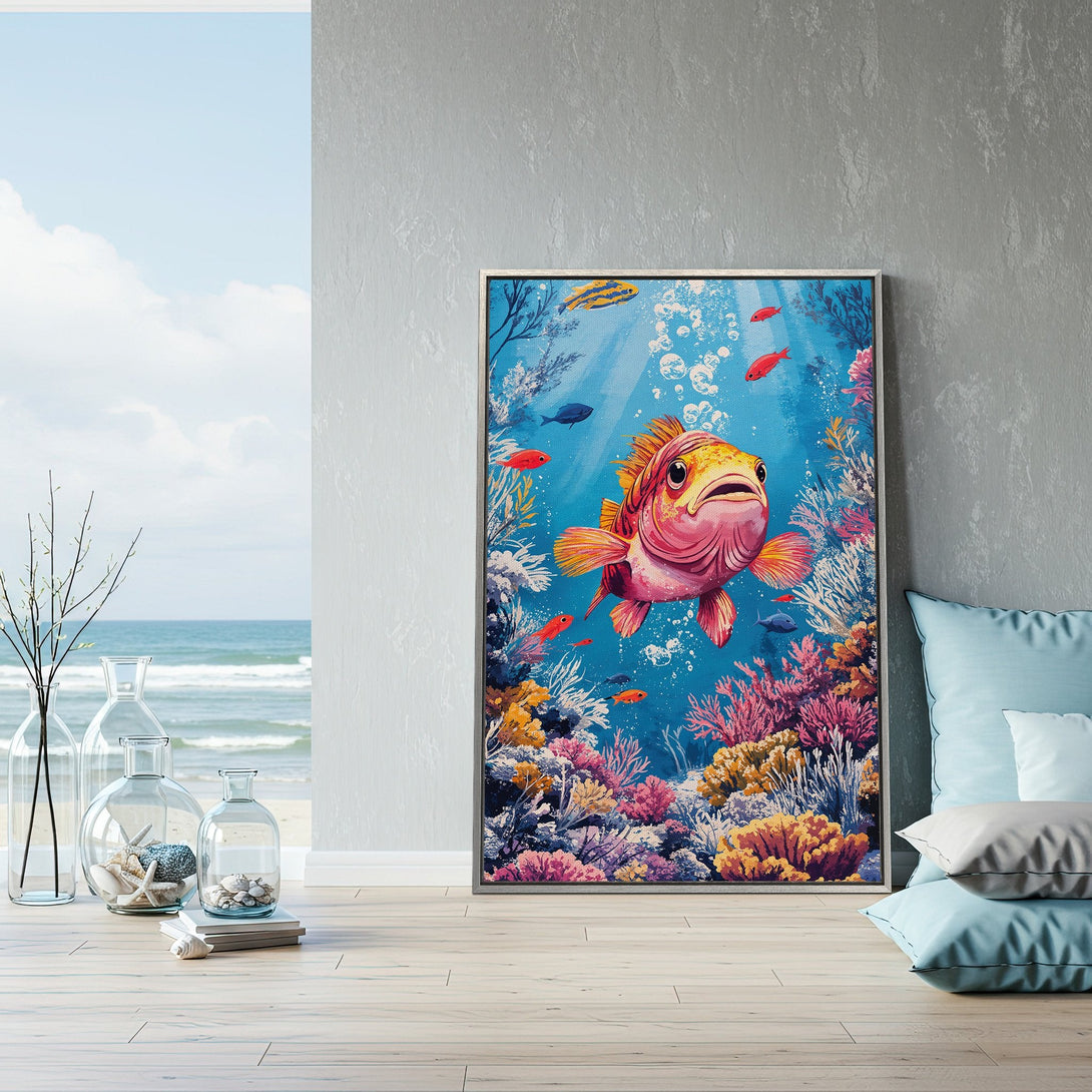 Framed Wall Art: Whimsical underwater scene with a vibrant fish, coral, and a blue, pink, and yellow color palette. Perfect coastal decor!