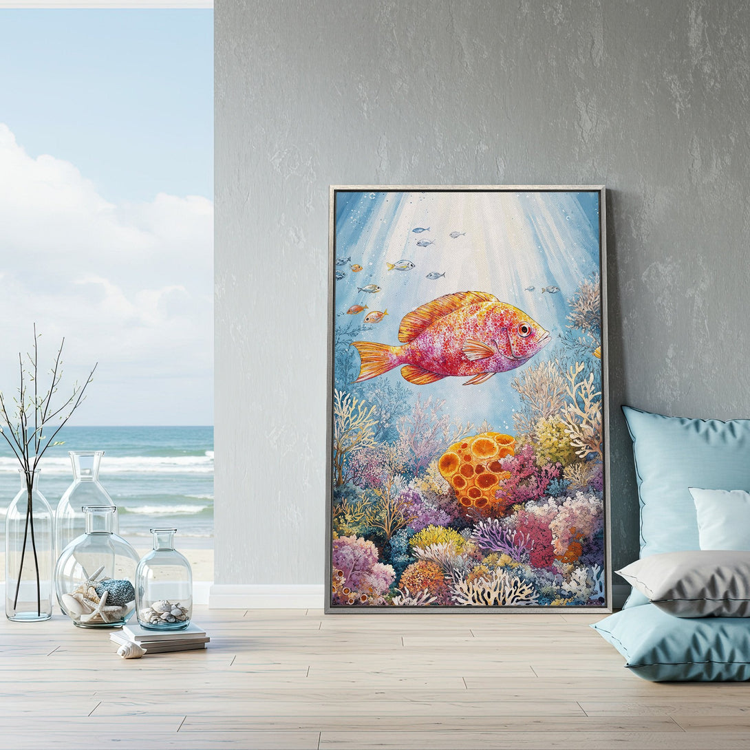 Framed Wall Art: Vibrant watercolor fish & coral reef scene. Adds coastal charm with a colorful palette of blues, oranges, and purples. Perfect for home decor!