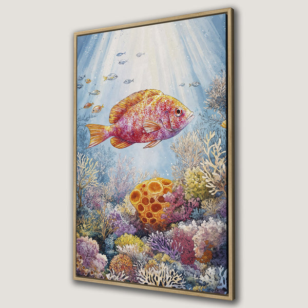 Framed Wall Art featuring a vibrant watercolor painting of an ocean scene with a colorful fish and coral reef. Blue, orange, and purple hues.