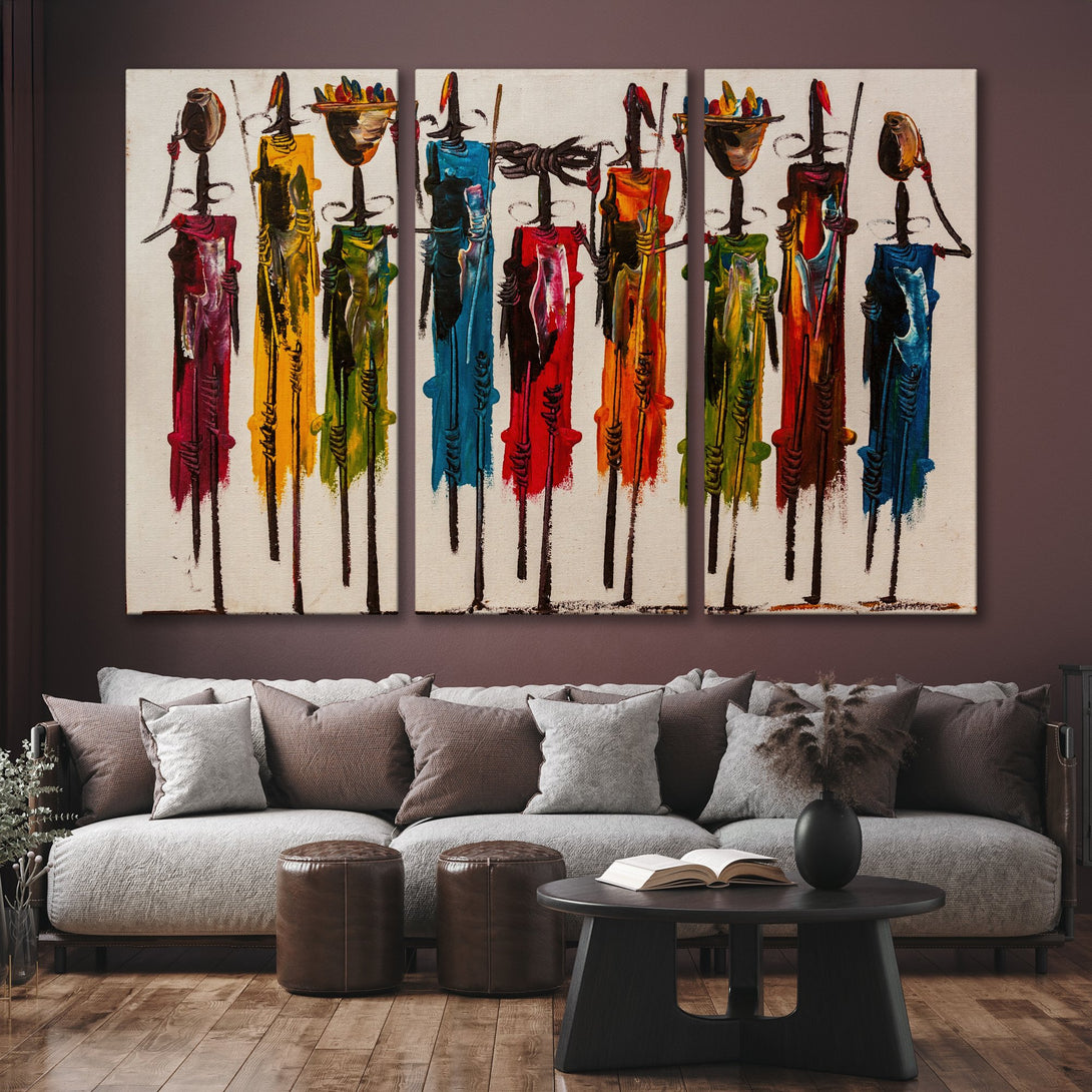 Canvas Print of colorful abstract figures. Modern art with a warm color palette, perfect for living room decor.