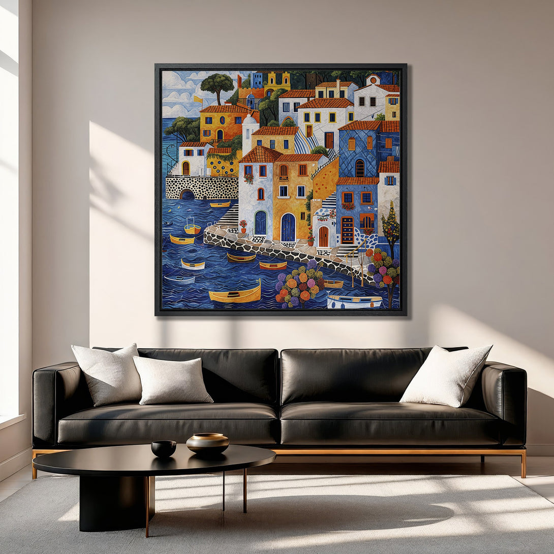 Framed Wall Art of a colorful coastal village, vibrant blue, orange, and yellow palette. Perfect for adding a touch of Mediterranean style to your home.