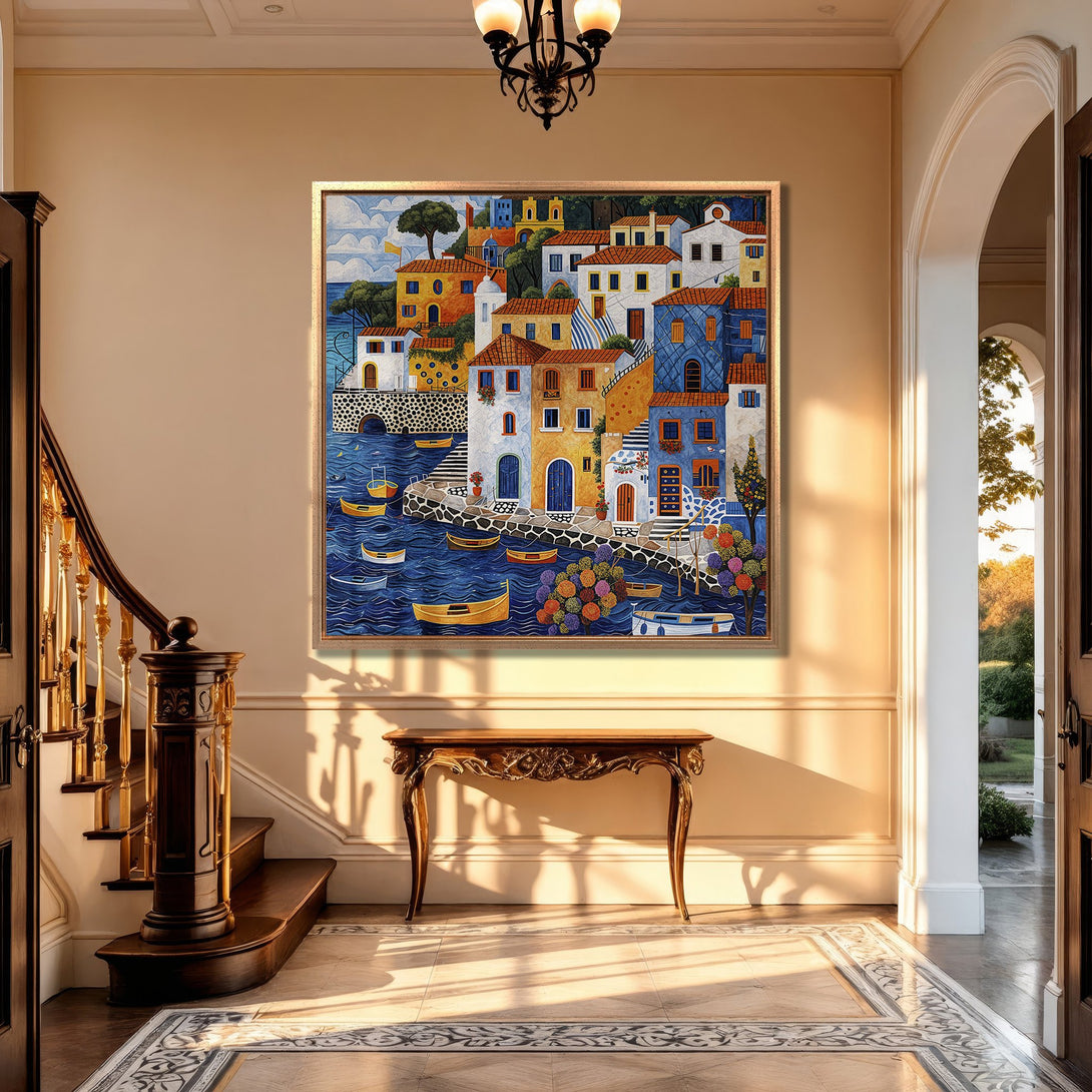 Framed Wall Art: Colorful coastal village painting in a warm interior. Features vibrant blues, oranges, and yellows. Perfect for adding a Mediterranean touch.