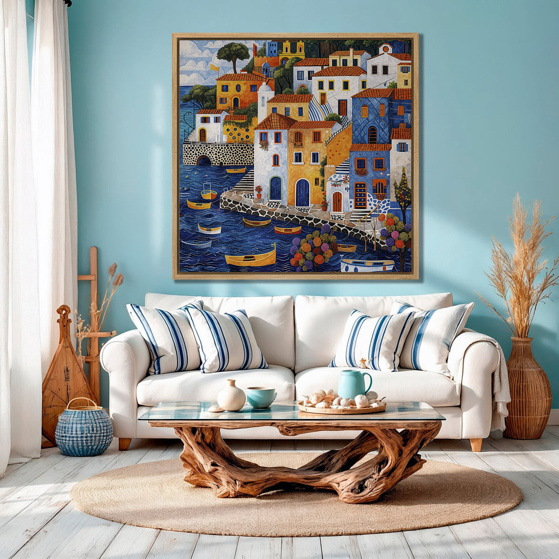Framed Wall Art: Mediterranean village scene in vibrant blues, yellows, and oranges. Perfect coastal decor for a living room. Add a touch of art to your home!