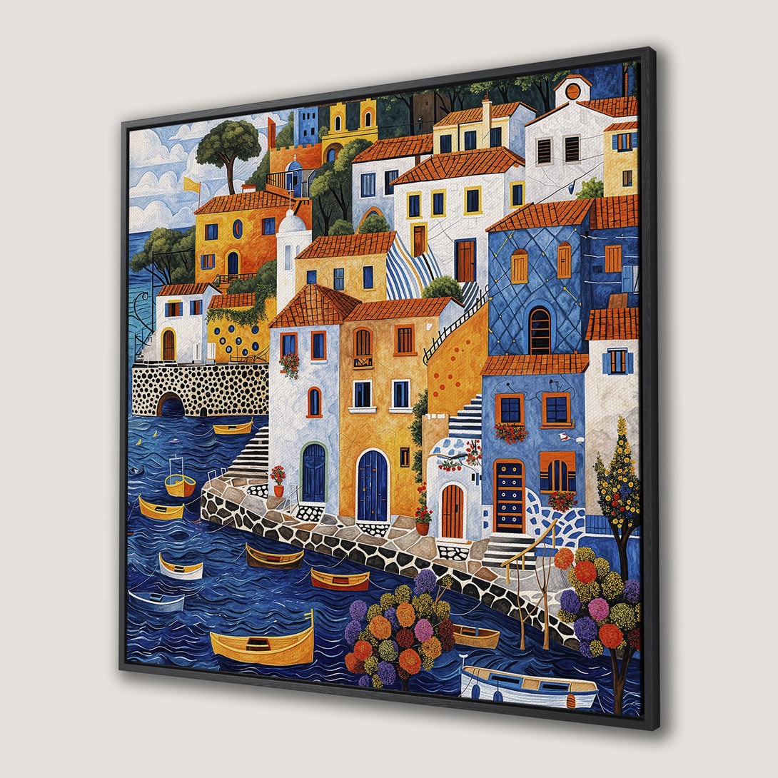 Framed Wall Art: Colorful coastal village painting with boats. Mediterranean style art in blue, orange, and yellow tones. Perfect for adding a touch of charm.