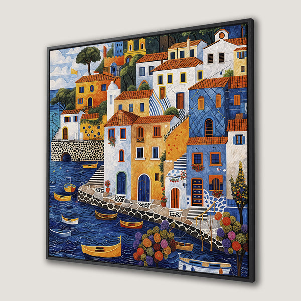 Framed Wall Art: Colorful coastal village painting with boats. Mediterranean style art in blue, orange, and yellow tones. Perfect for adding a touch of charm.