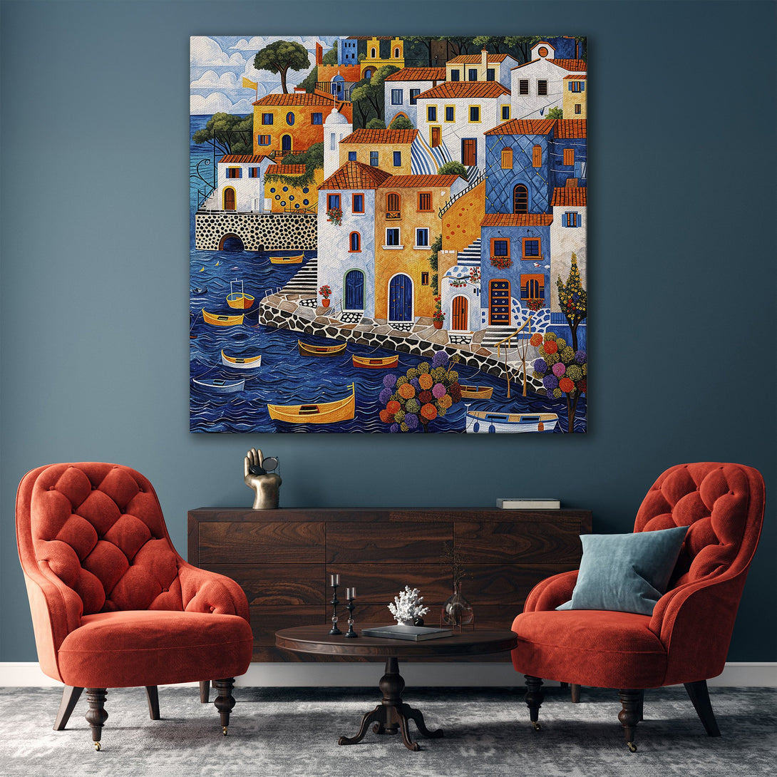 Framed Wall Art: Colorful coastal village painting in a modern interior. Vibrant blues, oranges, and yellows create a warm, inviting atmosphere. Perfect home decor!