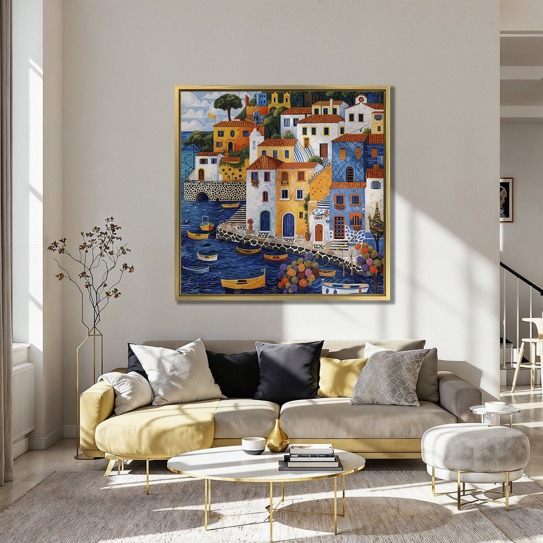 Canvas Print of a vibrant Mediterranean village scene. Colorful artwork with blue, orange, and yellow hues. Perfect wall decor for a pop of art!